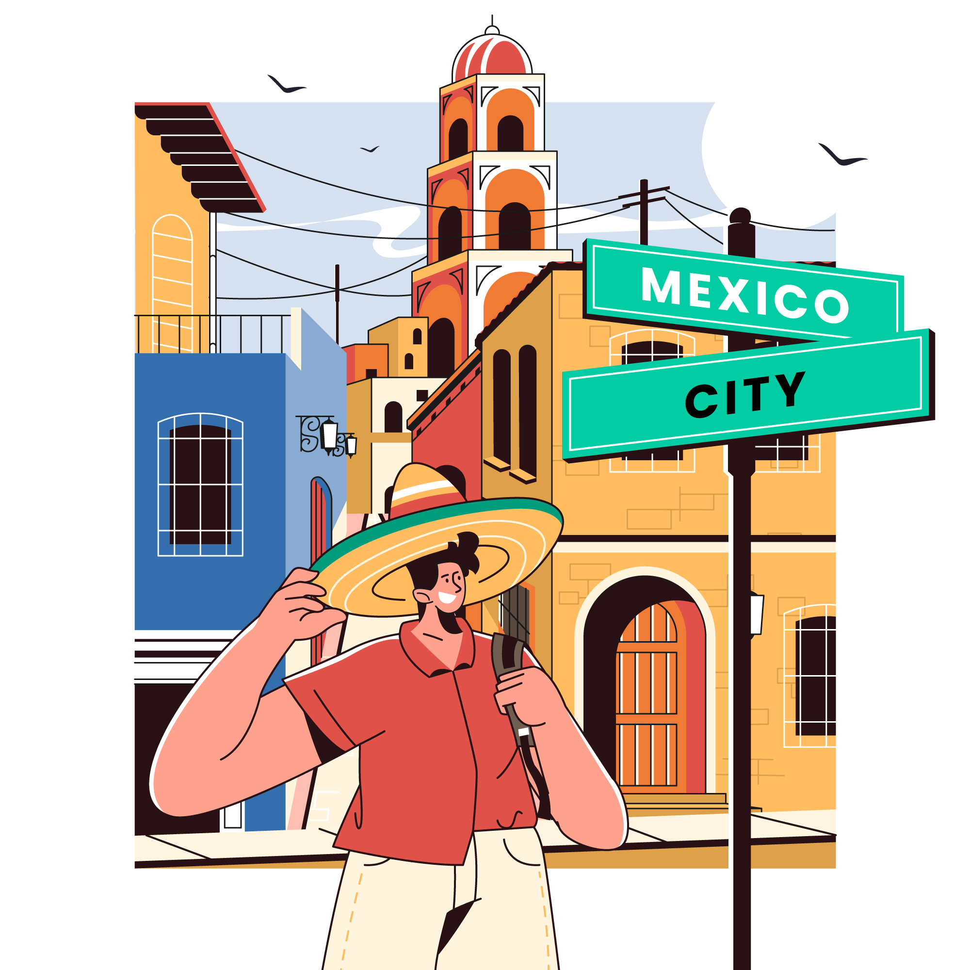 Illustrated traveler wearing a sombrero in front of Mexico City architecture
